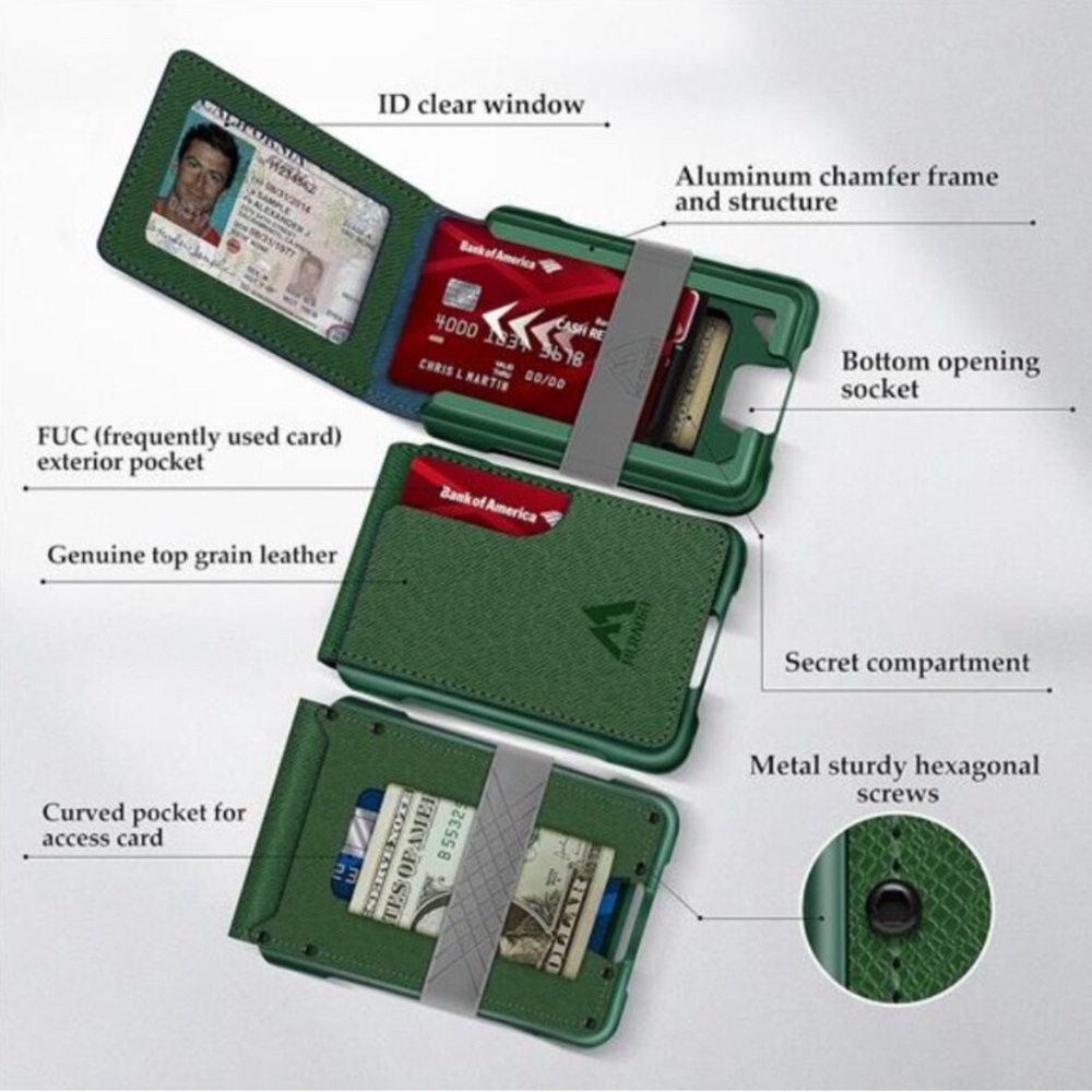 Muradin EDC Wallet Tactical Bifold EDC Metal RFID Blocking in Saffiano Green - Picture 2 of 14